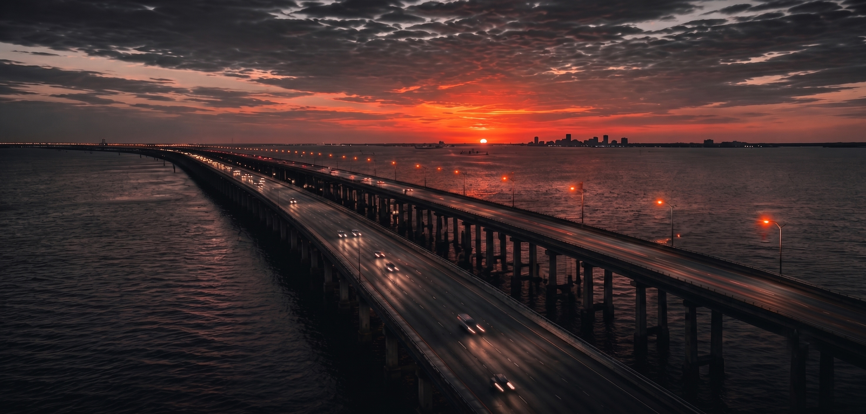 Sunset over a Hampton Roads bay bridge