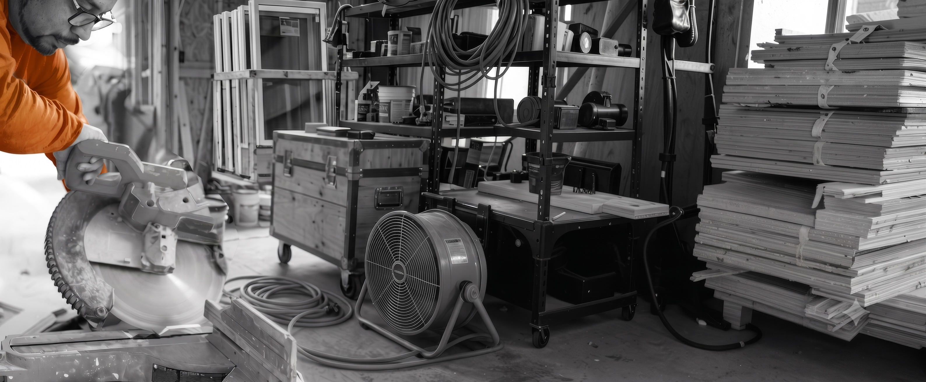 Gorilla VA craftsman cutting trim on a job-site miter saw beside a floor fan
