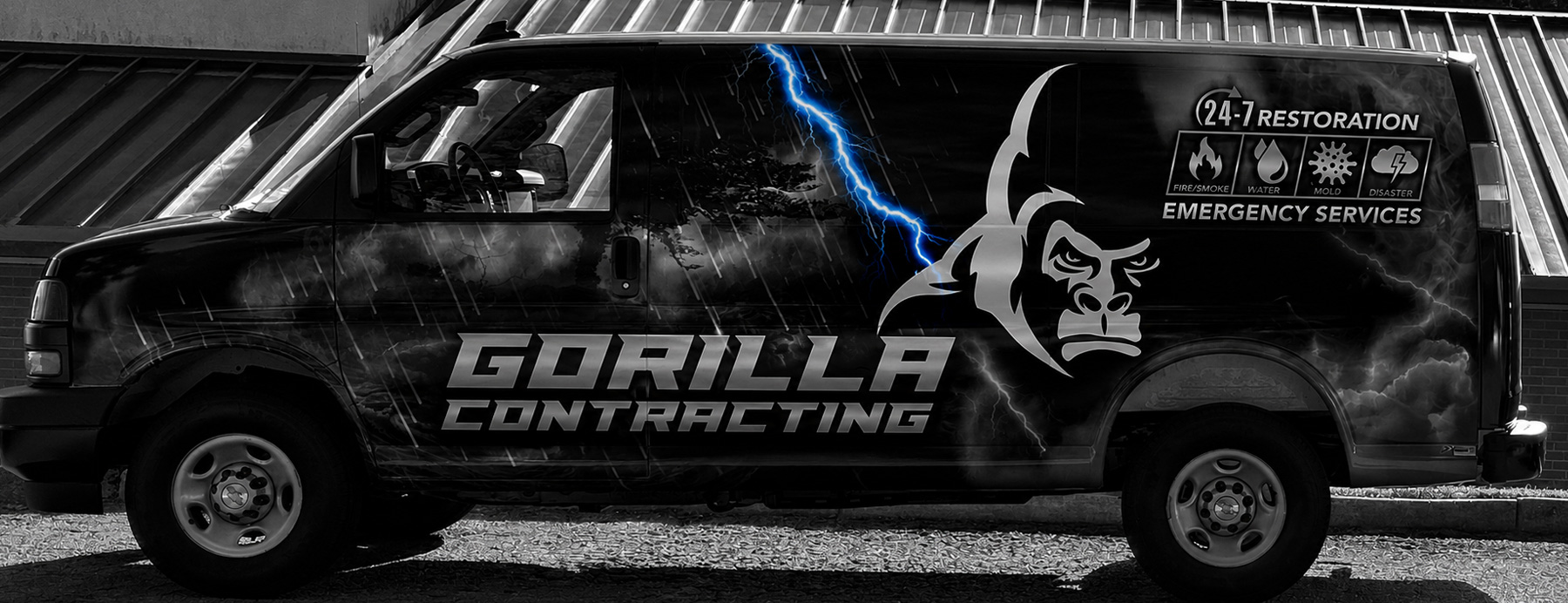 Gorilla Contracting wrapped 24-7 restoration service van