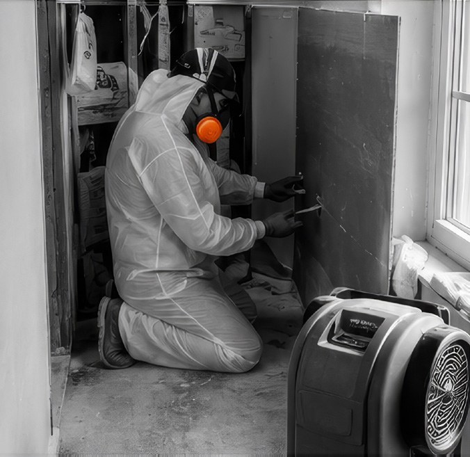 Gorilla technician in protective suit performing restoration remediation