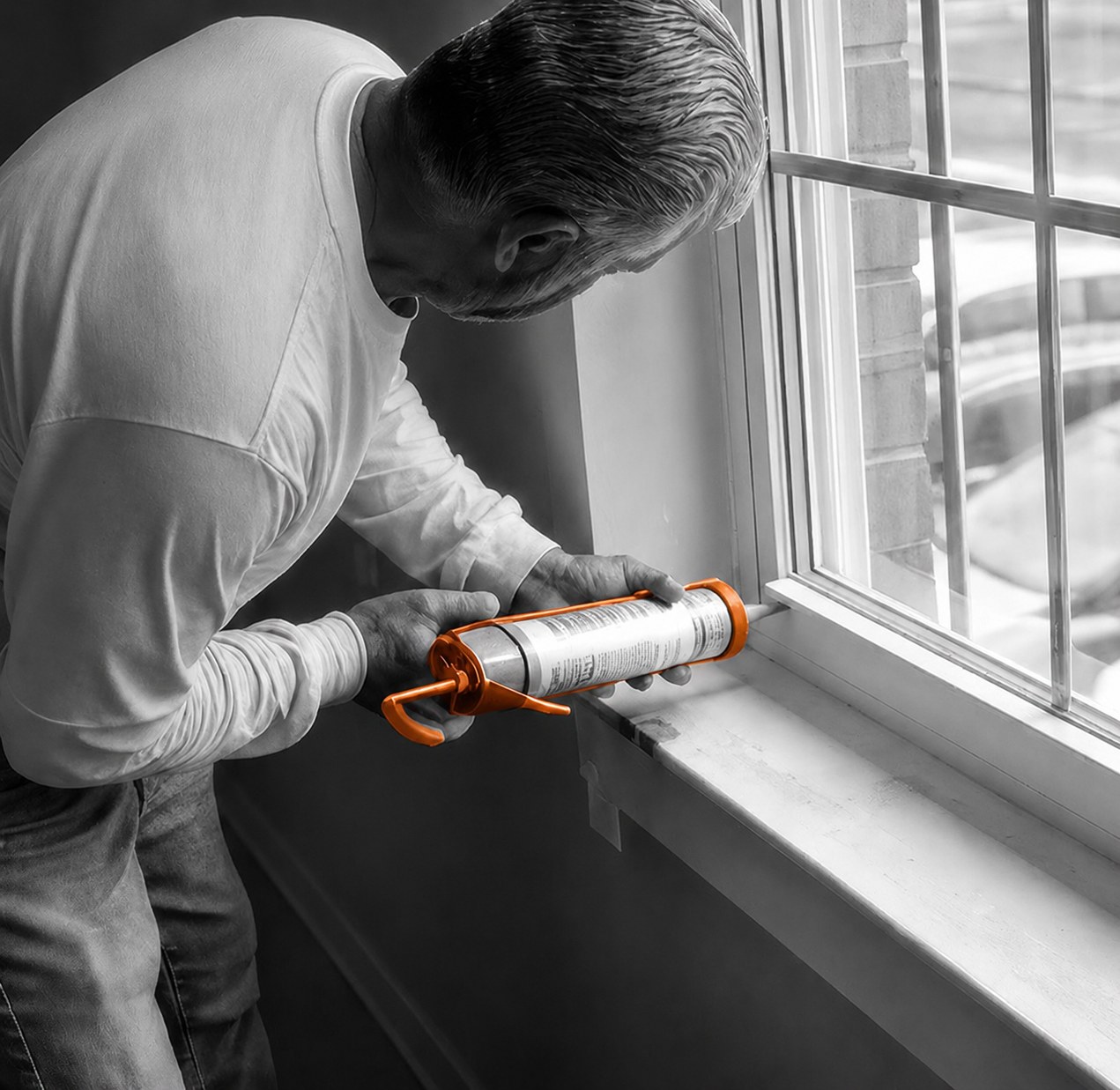 Gorilla technician sealing a window during property maintenance